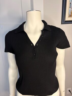 DKNY Black Ribbed Polo Short Sleeve Knit Top